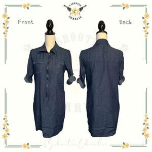 J. GLEE Denim Dress 1/2 Zip Roll Tab Sleeves Collare Blue Dark Wash Size Medium